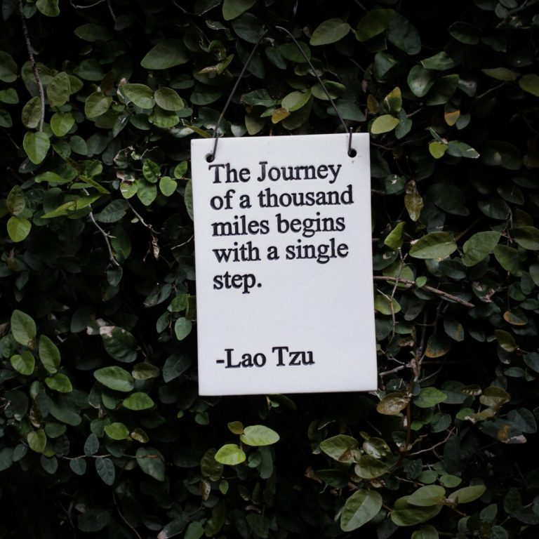Ein Zitat von Lao Tzu über den Beginn einer langen Reise mit einem einzigen Schritt auf einer weißen Fließe vor einer grünen Hecke.